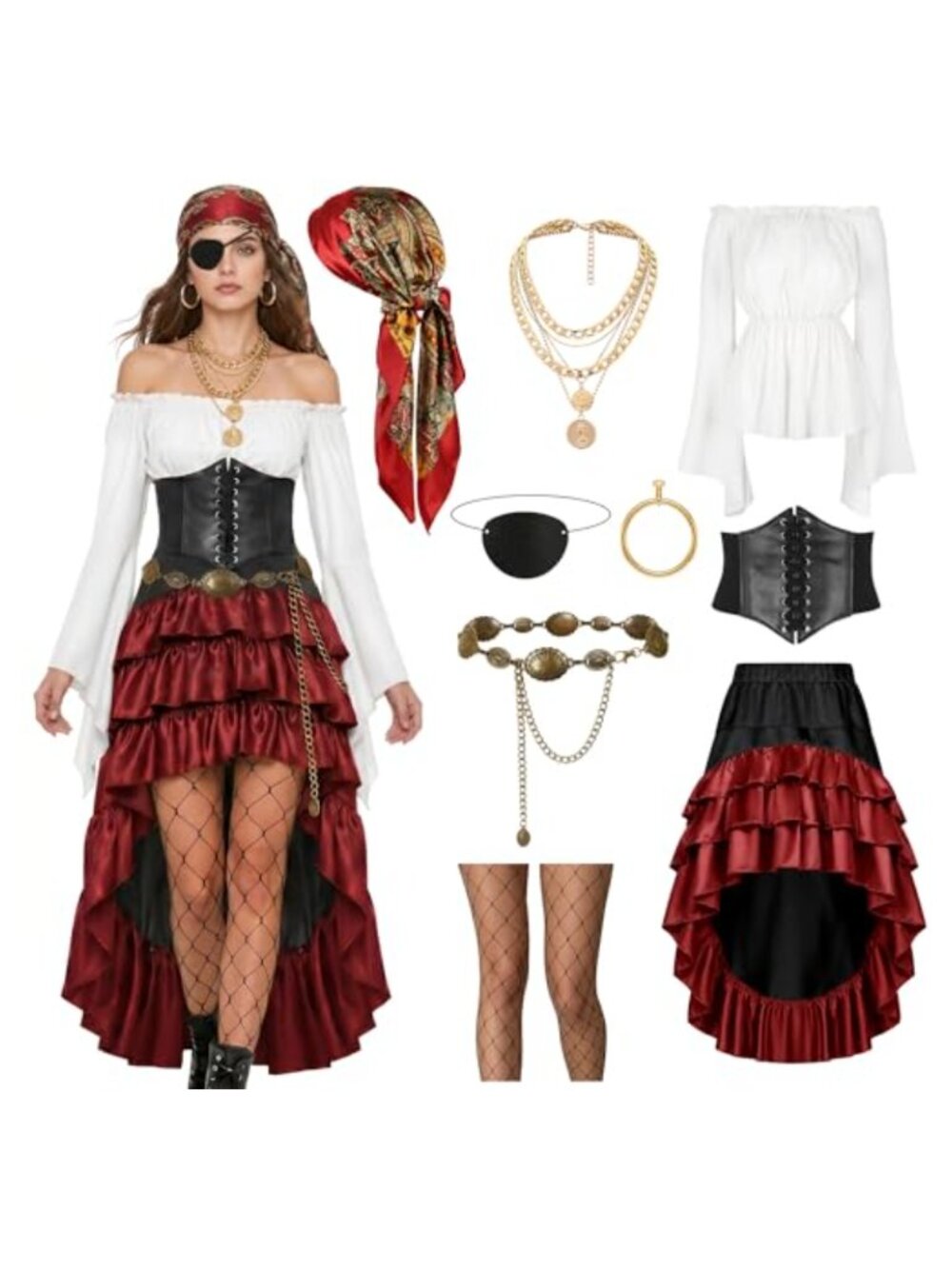 Women's Pirate Costume Renaissance Top Skirt Faux Leather Belt Accessories Set